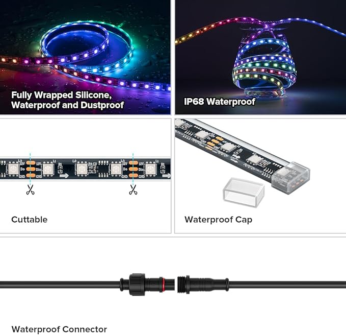 BTF-LIGHTING IP68 Waterproof Outdoor WS2811 RGB IC LED Strip Addressable Dream Color Flexible 5050SMD Light DC12V 16.4ft 60LEDs/m 20Pixels/m Can Work Outdoor Black PCB(No Adapter or Controller)