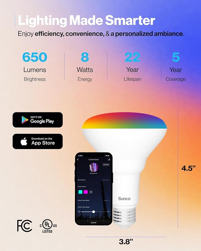 Sunco BR30 Alexa Smart Flood Light Bulb, Color Changing LED Recessed WiFi Bulb 8W, RGB CW, Dimmable, 650 LM, Compatible with Alexa & Google Assistant, E26 Base, No Hub Required, 10 Pack