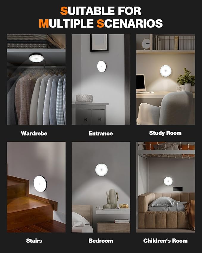 Motion Sensor Night Light Rechargeable, Magnetic Puck Lights, 3 Modes & Dimmable, Motion Sensor Stair Lights Indoor for Bedroom Bathroom Kitchen Hallway Cruise (White Light)
