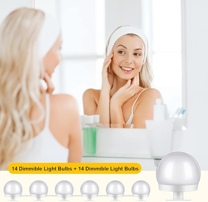Tuanse 2 Sets Vanity LED Lights Kit 28 Dimmable Bulbs with 3 Color Modes, Plug in Makeup Mirror Light with Adjustable Color and Brightness for Bedroom Bathroom, USB Cable, No Mirror Included