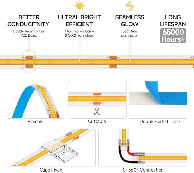BTF-LIGHTING FCOB COB LED Strip Orange Color 480LED/m 16.4FT DC12V Flexible High Density Uniform Light 8mm Width Bright Dimmable for Bedroom Indoor Decor(No Adapter or Controller)