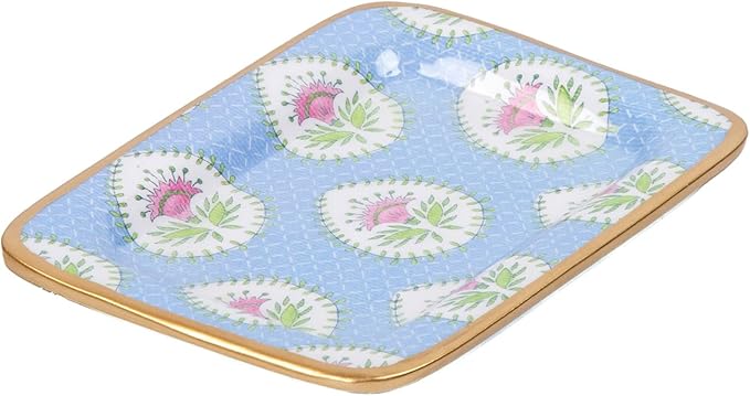 Jaye’s Studio Decorative Trinket Tray, Jewelry Plate, Catchall Dish for Bathroom, Dresser, Nightstand, Entryway, Blue and Pink, Chinoiserie Dish, Gold Tray, Daphne Laney Collection