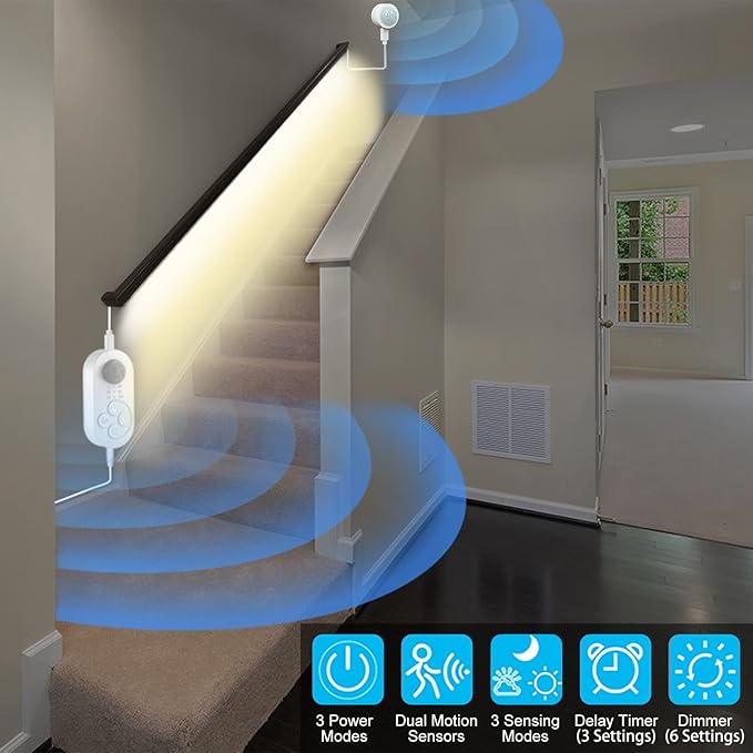 Dual Sensor Stair Lights Indoor, Double Motion Sensor Step Light Strip Plug-in Night Light For Double Bed Warm White 3000K with UL 12V Adapter, Dimmer And Timer for Stairway, Double Bed, Corridor