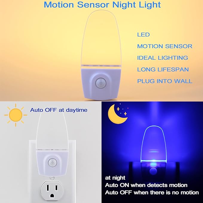 Motion Sensor Night Light 2 Pack, 0.5W Plug in Motion Activated LED Night Lights, Automatic Motion Detector Night Lights for Kids Room, Bedroom, Bathroom, Stair, Toilet, Corridor (Blue)