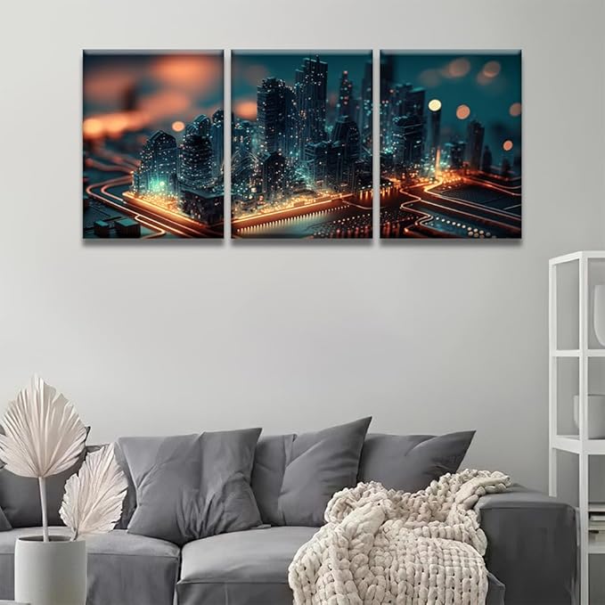 Bedroom Wall Decor 3 Panel Smart City on Circuit Board Artwork Print on Canvas for Living Room Bedrooms Wall Decorations, Wooden Framed Gallery-Wrapped Ready to Hang 12x16inchx3