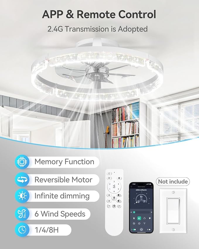 addlon Ceiling Fans with Lights and Remote, 20'' Low Profile Ceiling Fans, 3000-6000K Dimmable Modern Flush Mount LED Fan Light, Fandelier Ceiling Fan for Bedroom, Kitchen, Living Room, White