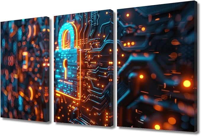TUMOVO 3 Panels Wall Art AI Intelligence Canvas Prints Security Lock Symbol Paintings Modern Artwork for Home Walls AI Posters and Prints Giclee Gallery-wrapped Framed Ready to Hang, 36" Wx24 H