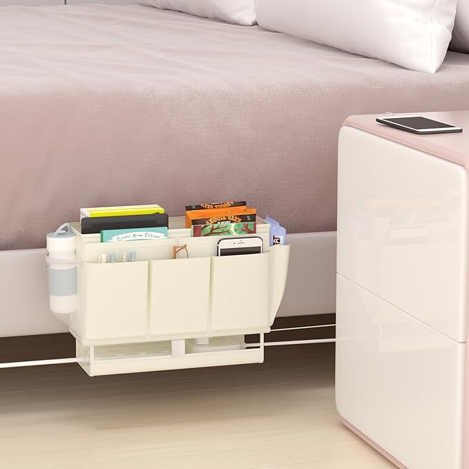 Bedside Caddy Bedside Organizer,Bed Caddy with 11 Pockets and Power Strip Holder,Versatile Bedside Storage Caddy for Home,Dorm,Bunk,Hospital,Crib Bed (White)
