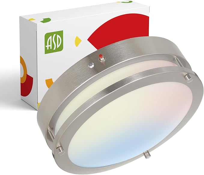 ASD LED 12" Round Flush Mount Lighting, Close to Ceiling Light Fixture | 3CCT, Dimmable, Battery Backup, ETL Listed | 20W 1876LM 3000-5000K 100-277V | Low Profile Double Ring Lamp | Nickel