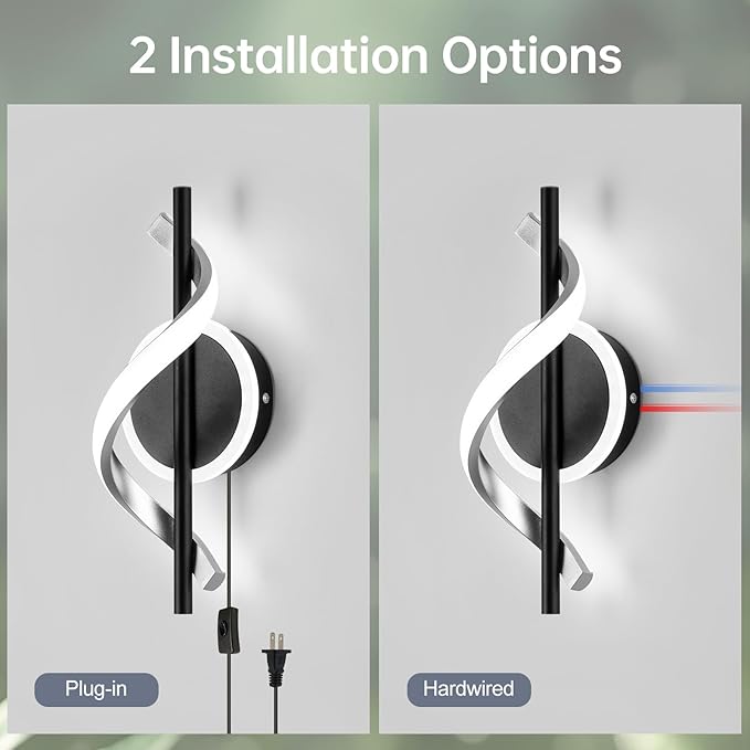 Plug in Wall Sconces Sets of 2, 12W LED Wall Mount Lights, Modern Spiral Wall Lamp, 6000K Cold Modern Light Fixture for Stairs, Living Room, Bedroom, Aisle, Hallway