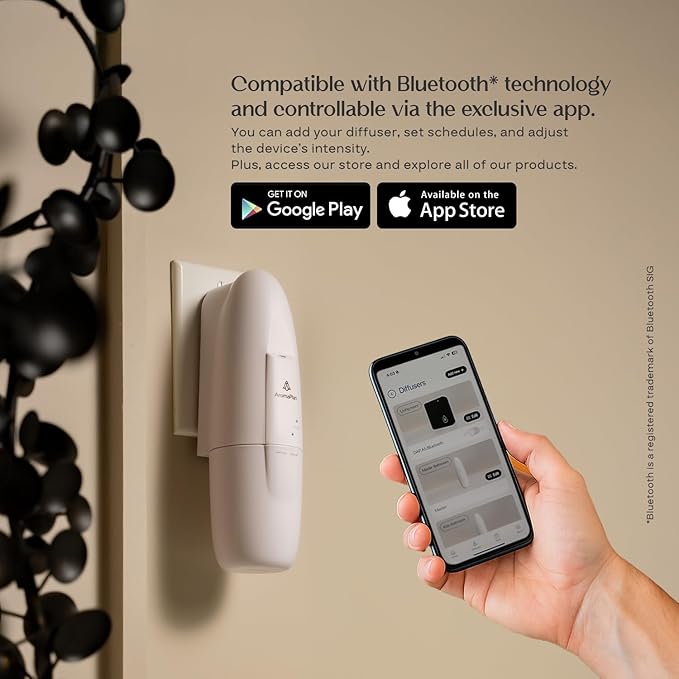 AromaPlan 5 Star Collection Plug in Diffuser (Fragrances+Sample Set Included)-Cold Air & Waterless Diffusers for Home & Office- Silent Wall Diffuser Plug in, Bluetooth App Control, 1000 sq. Ft (White)