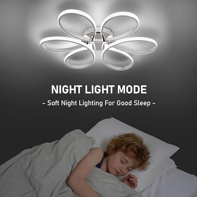 26inch Modern LED Ceiling Light, 6 Rings Flower Flush Mount Light Fixture with Remote Control Chrome Dimmable Ceiling Lamp for Living Room, Bedroom, Dining Room, Hallway, Kitchen
