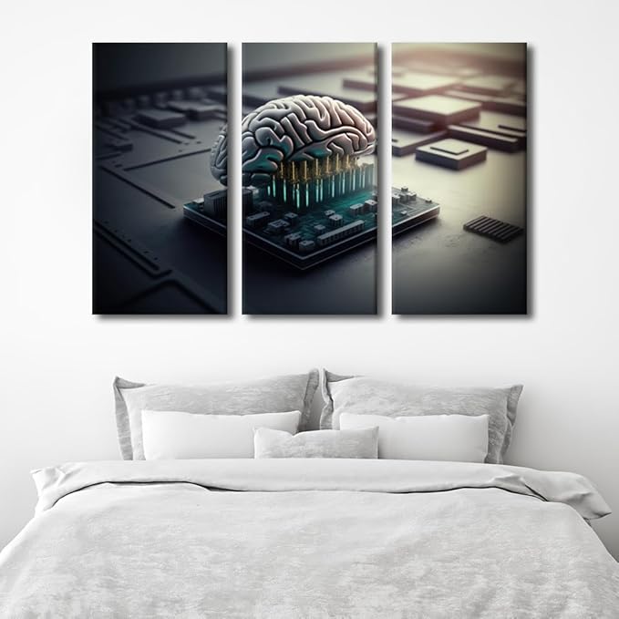 TUMOVO Large Canvas Wall Art Human Cyborg Brain Picture AI Wall Art for Home Wall Decoration Modern Artwork Brains and Computer Chips Posters for Bedroom Office Decoration, 60" Wx40 H