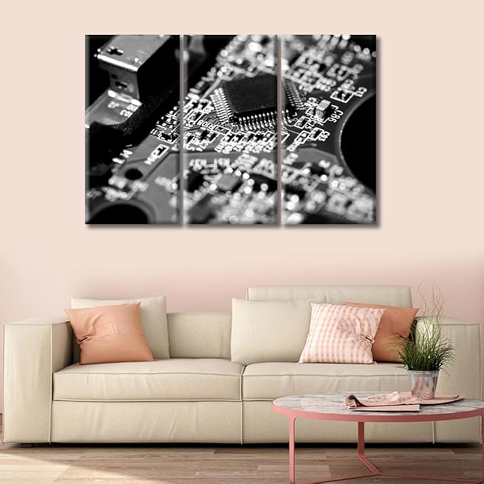 TUMOVO Computer Processors CPU Canvas Wall Art Circuit Board Artwork Pictures Home Decor 3 Pieces Motherboard Digital Chip Bedroom Posters and Prints Framed Ready to Hang (42" Wx28 H)