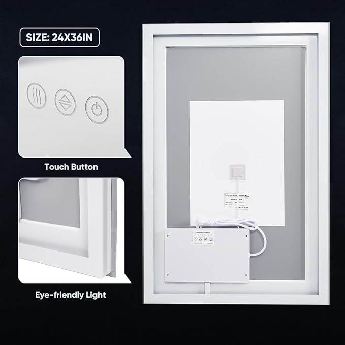 LED Bathroom Mirror, 24"x36" with Frontlit and Backlit Anti-Fog Mirror with Lights LED Vanity Mirror for Bathroom 3 Colors Temperature & Dimmable Bathroom Mirror with HD Tempered Glass