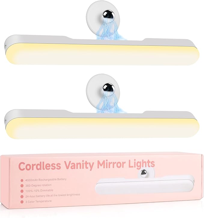 Set of 2 Wireless Vanity Makeup Lights for Mirror, Stick On Rechargeable Light Bar for Bathroom Mirror with 3 CCT&Dimmable, Cordless Battery Operated Touch Control Lighting