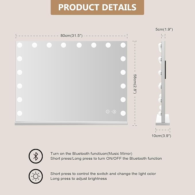 Fenair Large Vanity Mirror with Lights and Speaker Hollywood Lighted Makeup Mirror with Sturdy Base, 18 Dimmable LED Bulbs, 3 Light Colors, USB Charge Port