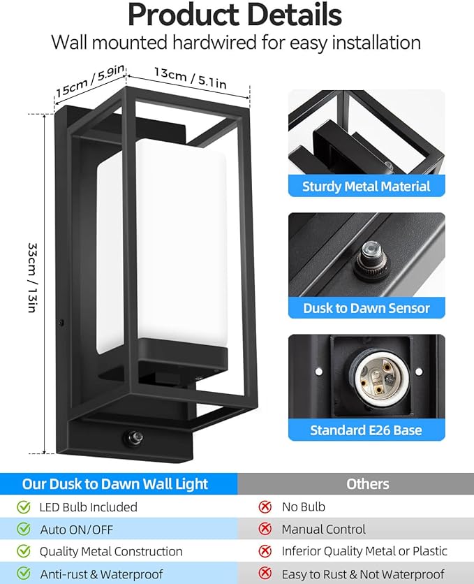 RAYVO Modern Outdoor Wall Light with Dusk to Dawn Sensor, Waterproof Exterior Light Fixture with E26 Base, 3000K LED Bulb Included, Black Metal Frame Outdoor Sconce Lights for Porch Garage Entryway