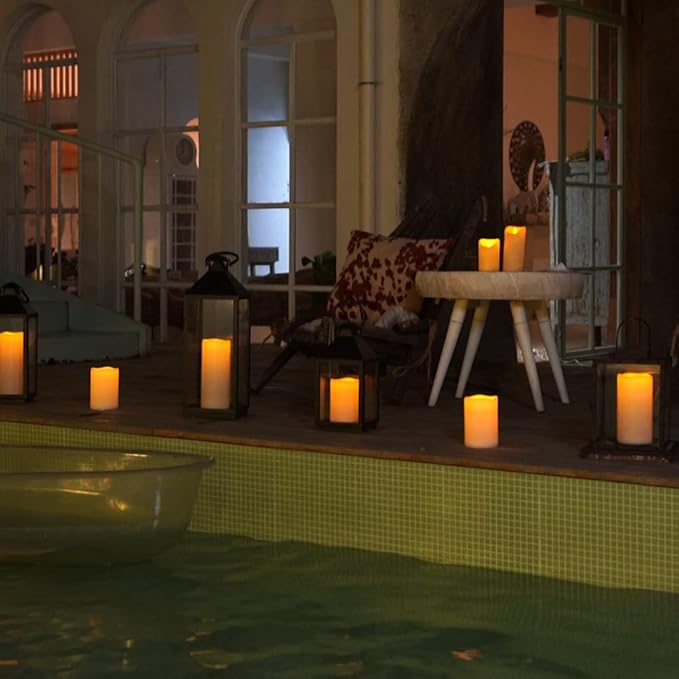 Homemory 4" x 8" Waterproof Outdoor Flameless Candles, Battery Operated Flickering LED Pillar Candles with Remote and Timers for Indoor Outdoor Lanterns, Long Lasting, Large, Dark Ivory, Set of 2
