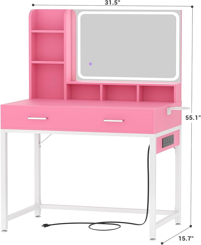 Small Vanity Desk, Vanity Desk with Mirror and Lights, Makeup Vanity Desks with Power Strip, Vanity Table with Drawers and Shelves, Adjustable Lighting, Dressing Table for Bedroom Dressing Room, Pink