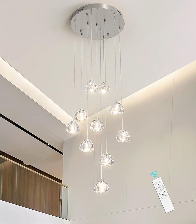 Glam Chandelier with LED Dimmable Bulbs Bubble Crystal Balls Glam Chandeliers High Ceiling Pendants Light Fixtures Adjustable Long Lights Brushed Nickel