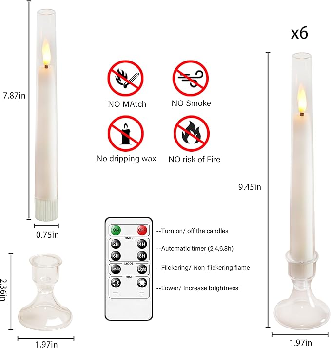 Flameless Taper Candles with Remote and Timer - 6 Pack LED Candles, Battery Operated, for Home, Wedding, Party (White)
