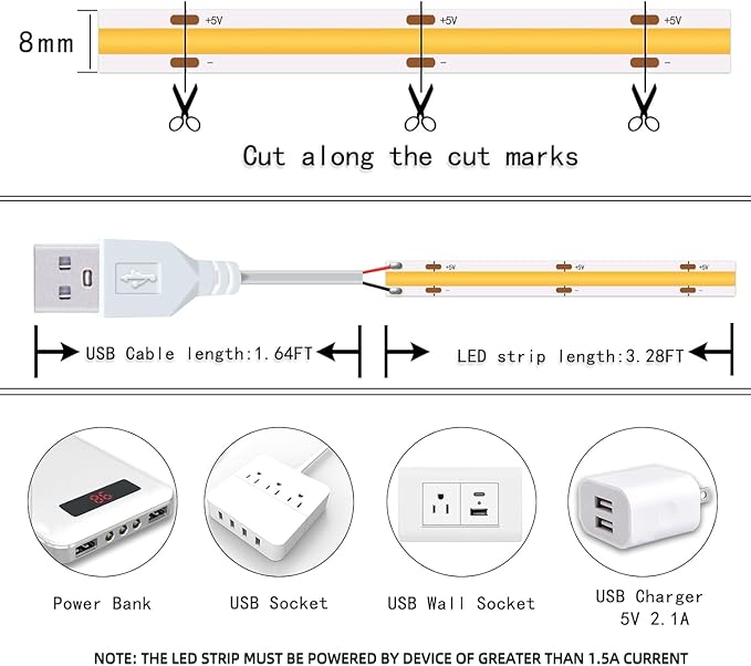 Led Strip Lights 5V USB 320 LEDs 2Pack Short COB LED Strip Light 3000K Warm White Not Dimmable Flexible Small led for Home DIY Lighting Room Decor TV Lights Indoor Use (3.28FT/1M*2)