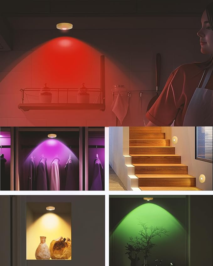 Rechargeable RGB Puck Lights with Remote Control, 1500mAh Battery Operated Push Lights, Dimmable & Timer Under Cabinet Lighting for Closet, Bedroom, Kitchen Gold 3Pcs