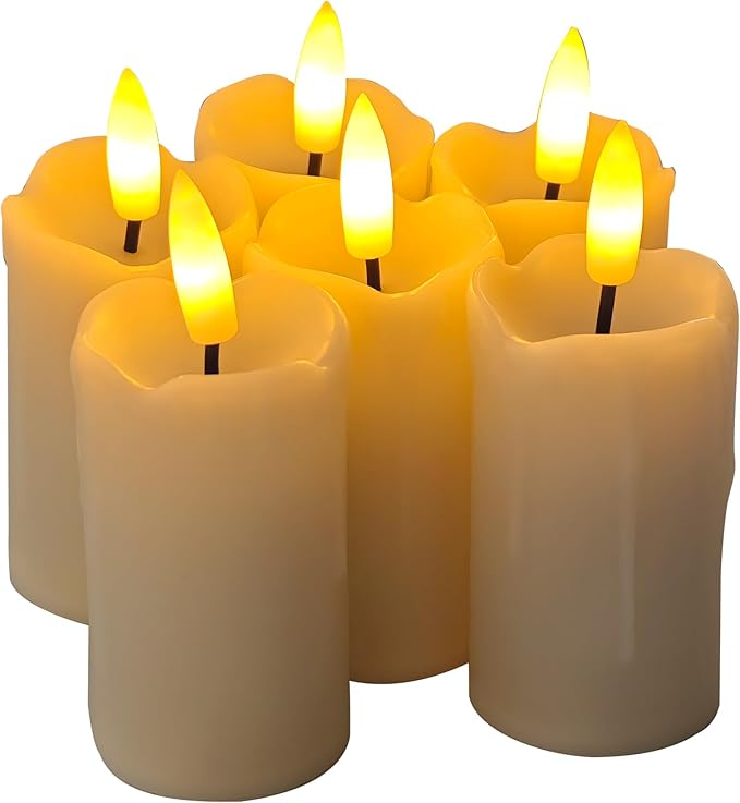 Battery Operated Plastic Flameless LED Drip Votive Candle with Cycling Timer, 6 Pack Flickering Realistic Electric Light for Indoor Bookshelf Wedding Dinner Party Centerpiece Fireplace X-mas Decor