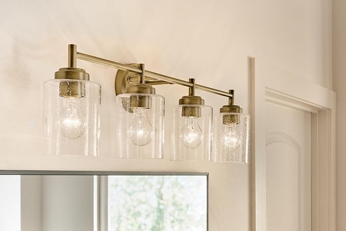 Kichler Winslow 30" 4-Light Vanity Light with Clear Seeded Glass in Natural Brass for Bathroom Vanity, Luxe Industrial, (30" x 9.25"), 45887NBR