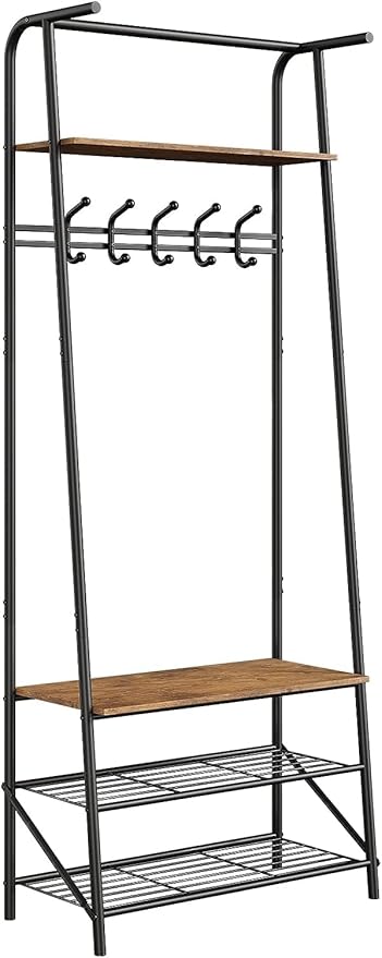 Coat Rack Shoe Bench with 5 Hooks, Entryway Hall Trees with Storage, Multifunctional Hallway Organizer, Wood Look Accent Furniture with Metal Frame, 4-in-1 Hall Trees Shoe Bench (1 Row-5 Hooks)