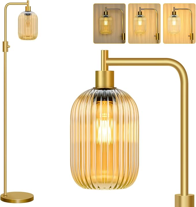 【Upgraded】 Dimmable Glass Floor Lamp for Living Room, Modern Gold Standing Lamp with Amber Ribbed Glass Lampshade & Knob Dimmer, Arc Tall Lamp for Bedroom Office Reading Room, 2700K Led Bulb Included