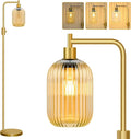 【Upgraded】 Dimmable Glass Floor Lamp for Living Room, Modern Gold Standing Lamp with Amber Ribbed Glass Lampshade & Knob Dimmer, Arc Tall Lamp for Bedroom Office Reading Room, 2700K Led Bulb Included