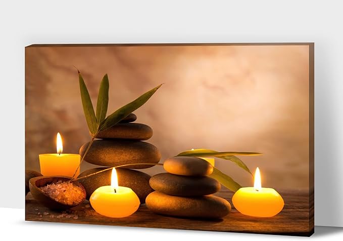 Zen Wall Art Decor, Modern Bathroom Zen Decor Wall Art, Zen Relaxing Canvas Wall Art for Spa Room Decor, Black Pebble and Lighted Candles Zen Art Prints for Office & Spa Wall Decor 24x36 Inches