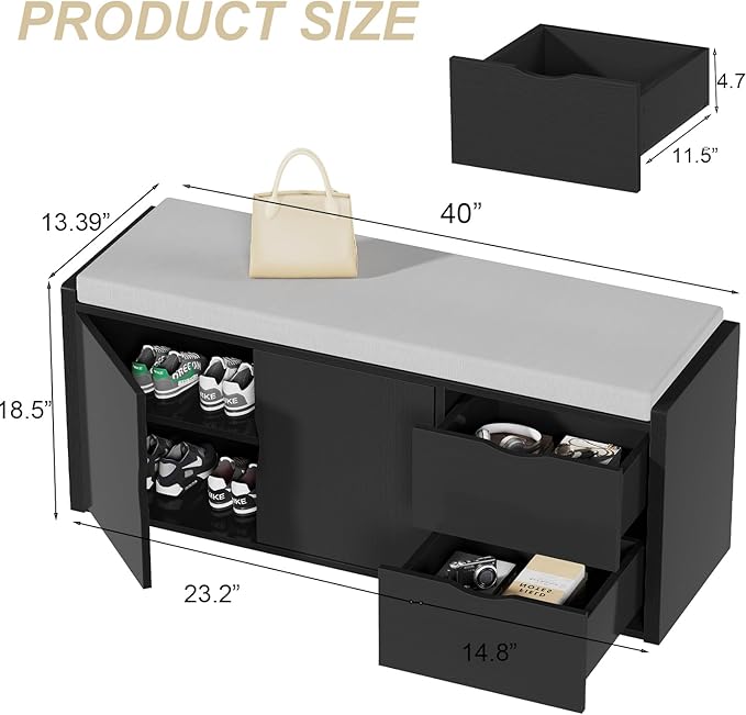 LVB 2-Tier Storage Bench with Padded Seat Cushion, Entryway Bench with 2 Drawers, Removable Barn Doors & Adjustable Shelf, Industrial Shoe Bench for Hallway, Bedroom, Living Room,Black Oak, 40 Inch