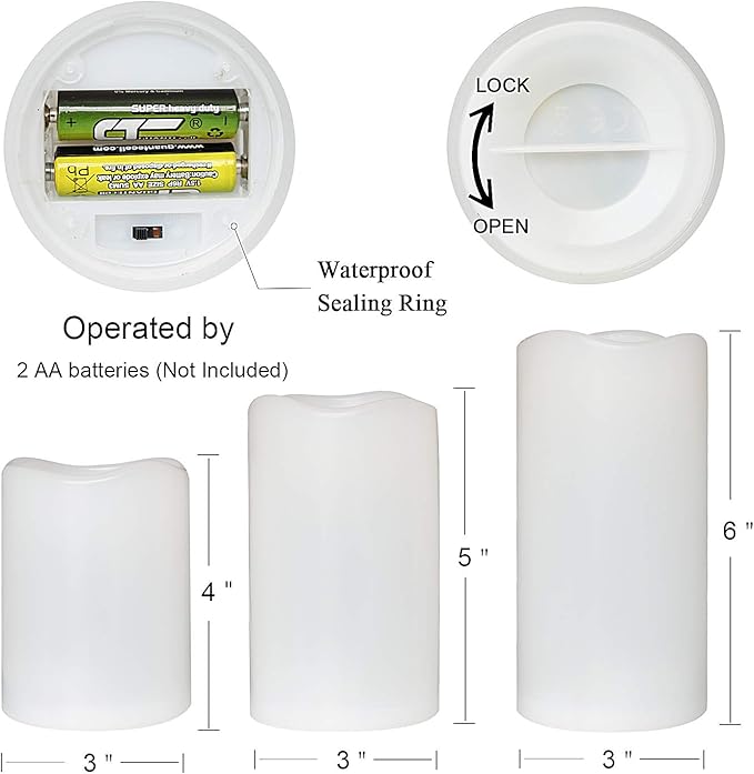 Eldnacele Waterproof Flameless Flickering Candles Weatherproof Battery Operated LED Candle with Remote and Timer White Plastic Pillar Candles Pack of 3 for Indoor Outdoor Lanterns D3”x H4” 5” 6”