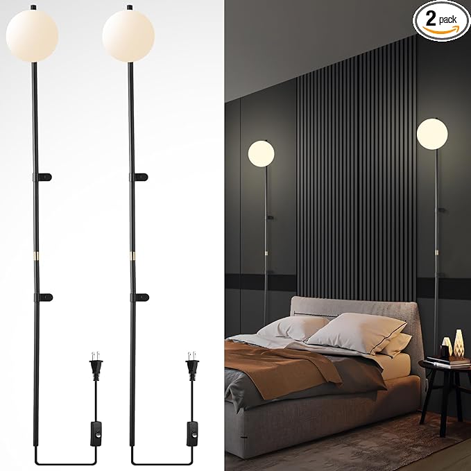Long Wall Sconces Set of Two, Plug in Wall Sconces Globe Shade Indoor Wall Light, Wall Mounted Lamp with Plug in Switch, Wall Lamp for Bedroom Living Room Study Hallway Bedside Corner