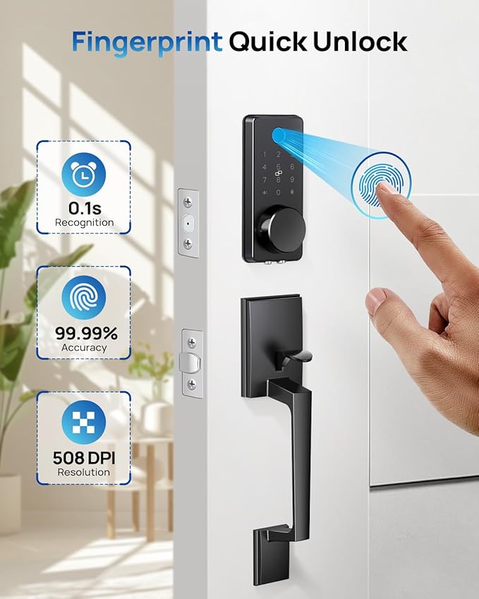 WiFi Front Door Lock Set - Fingerprint Smart Locks Handle Set Keyless Entry APP Smart Control with 2 Lever Handles Auto Lock Electronic Keypad Deadbolt for House Apartment