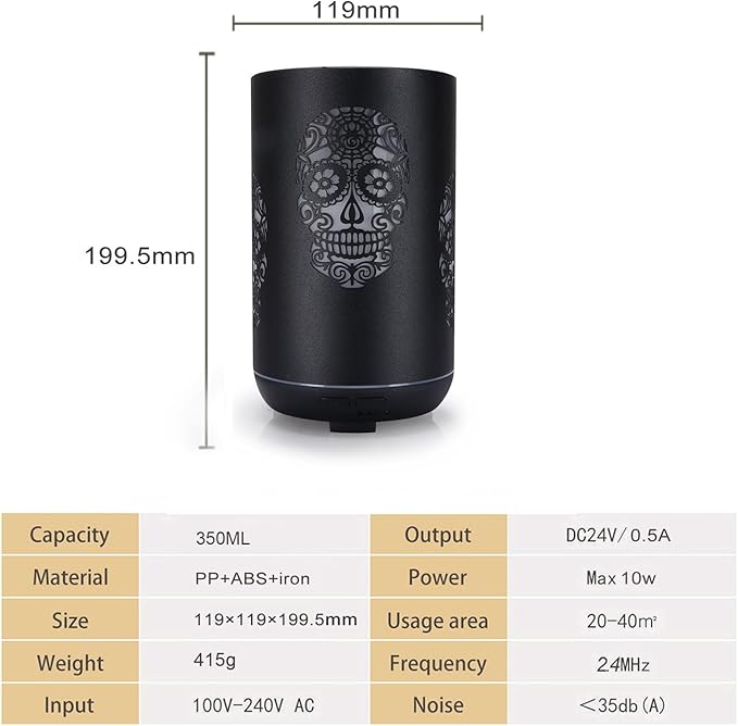 Skull Essential Oil Diffuser, 350ml Ultrasonic Cool Mist Humidifier, Aromatherapy Diffuser, Waterless Auto Off 7 Color Night Light, for Bedroom, Office, Living Room, Yoga