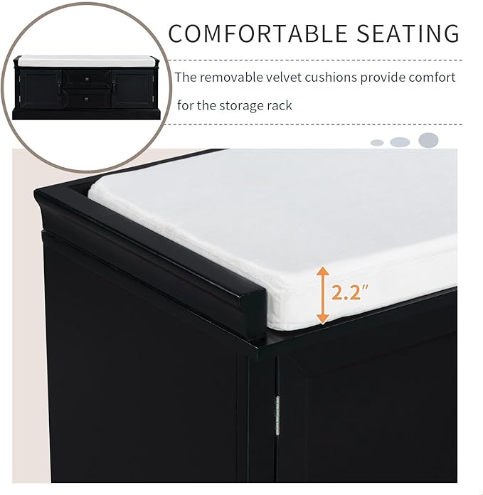 GDFStudio Rustic Storage Bench with 4 Doors 2 Draws Adjustable Shelves Removable Cushion Rectangular Cabinet Foot Rest Stool Solid Wood Shoe Bench Seating for Entryway Living Room, Black