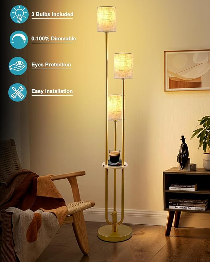 Lightdot Dimmable Floor Lamp for Living Room 3-Light Modern Floor Lamps with Table&Linen Beige Shade 3000K Warmwhite Gold Standing Lamp for Bedroom/Sofa Beside/Corner Decor (Bulbs Included)