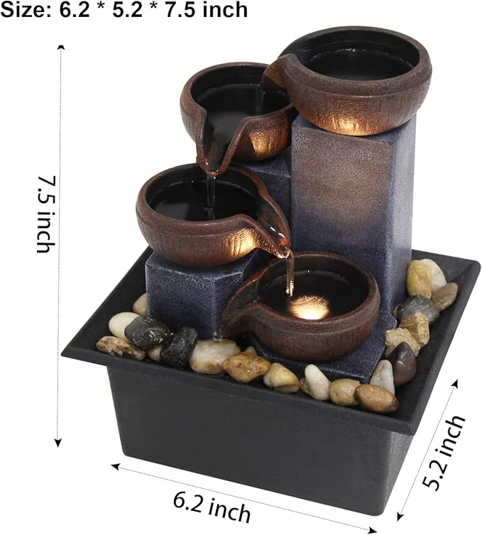 Small Tabletop Waterfall Fountain Zen Meditation Fountain Indoor Desktop Water Fountain with LED Light and Natural River Rocks for Office Home Bedroom