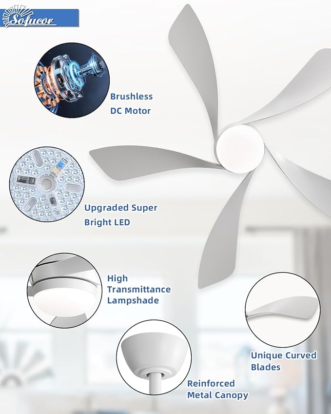 Sofucor 45 Inch Ceiling Fan with Lights and Remote, Indoor/Outdoor Ceiling Fan with Light 6-Speed 3 CCT 3-Timer, Low Profile White Ceiling Fan 5 Blade Quiet DC Motor for Bedroom Living Room Patio