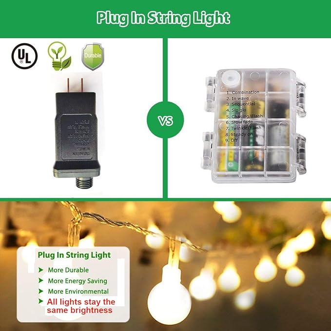 49.2ft Globe String Lights with 16ft Extended Lead & Stable Remote - 100 LED Warm White, 8 Distinct Modes, IP44 Waterproof, UL Certified, Linkable for Indoor Outdoor Wedding Party Decor