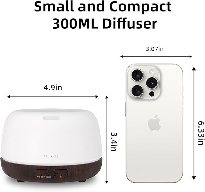 300ML Essential Oil Diffuser, Small Aromatherapy Diffuser with Remote Control, 7-Color LED Light,4 Timer, Quiet,Auto-Off, Easy to Use,for Home,Bedroom,Office