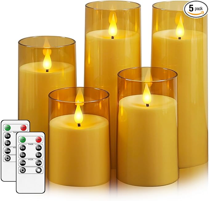 Fo32won Amber LED Flameless Pillar Candles Battery Operated with Remote Timer, 5 Pack 3D Flickering Acrylic Candles for Home Living Room Bedroom Fireplace Wedding Party Holiday Decor & Gift