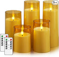 Fo32won Amber LED Flameless Pillar Candles Battery Operated with Remote Timer, 5 Pack 3D Flickering Acrylic Candles for Home Living Room Bedroom Fireplace Wedding Party Holiday Decor & Gift