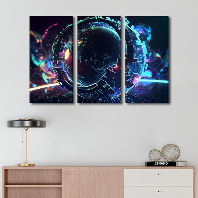 TUMOVO 3 Panel Wall Art Neon Colorful Global World in Cyber Space Poster on Canvas, Modern Wall Art for Home Office Decoration, Concept Artwork Stretched Framed Ready to Hang, 42" Wx28 H