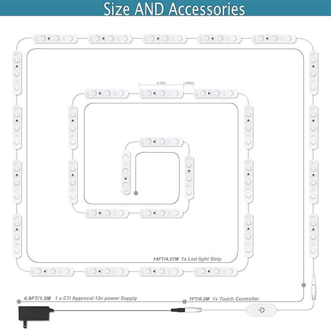 LED Vanity Mirror Lights, Hollywood Style Makeup Light, 14FT/6000K/Dimmable/12V Adapter/Self-Adhesive Full Body Vanity Lights, Lighting for Makeup Floor Mirror & Bathroom