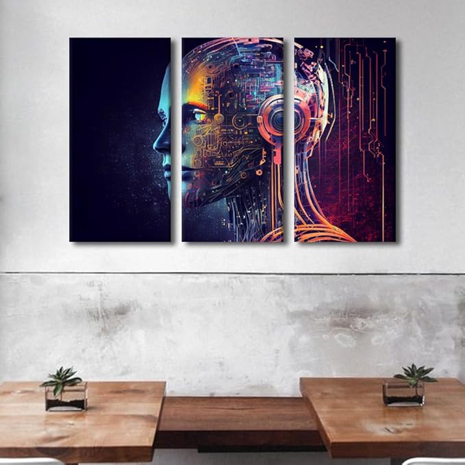 TUMOVO Artificial Intelligence Wall Art Neon Neural Network Canvas Printing Posters Futuristic Technology Artwork for Bedroom Living Room Decorations Framed Ready to Hang, 42" Wx28 H